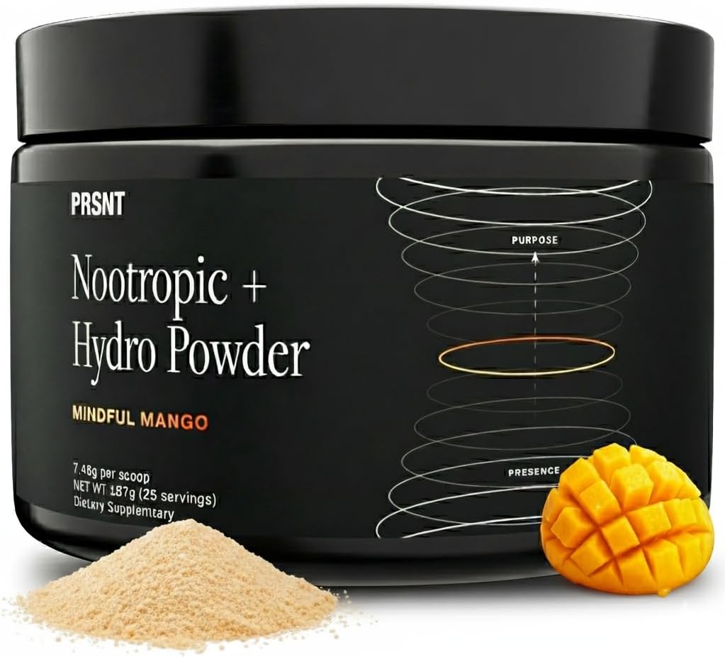 PRSNT™ Nootropic Focus Powder | Mango 25 Servings | Caffeine-Free, Sugar-Free | Supports Focus, Energy, Mental Clarity
