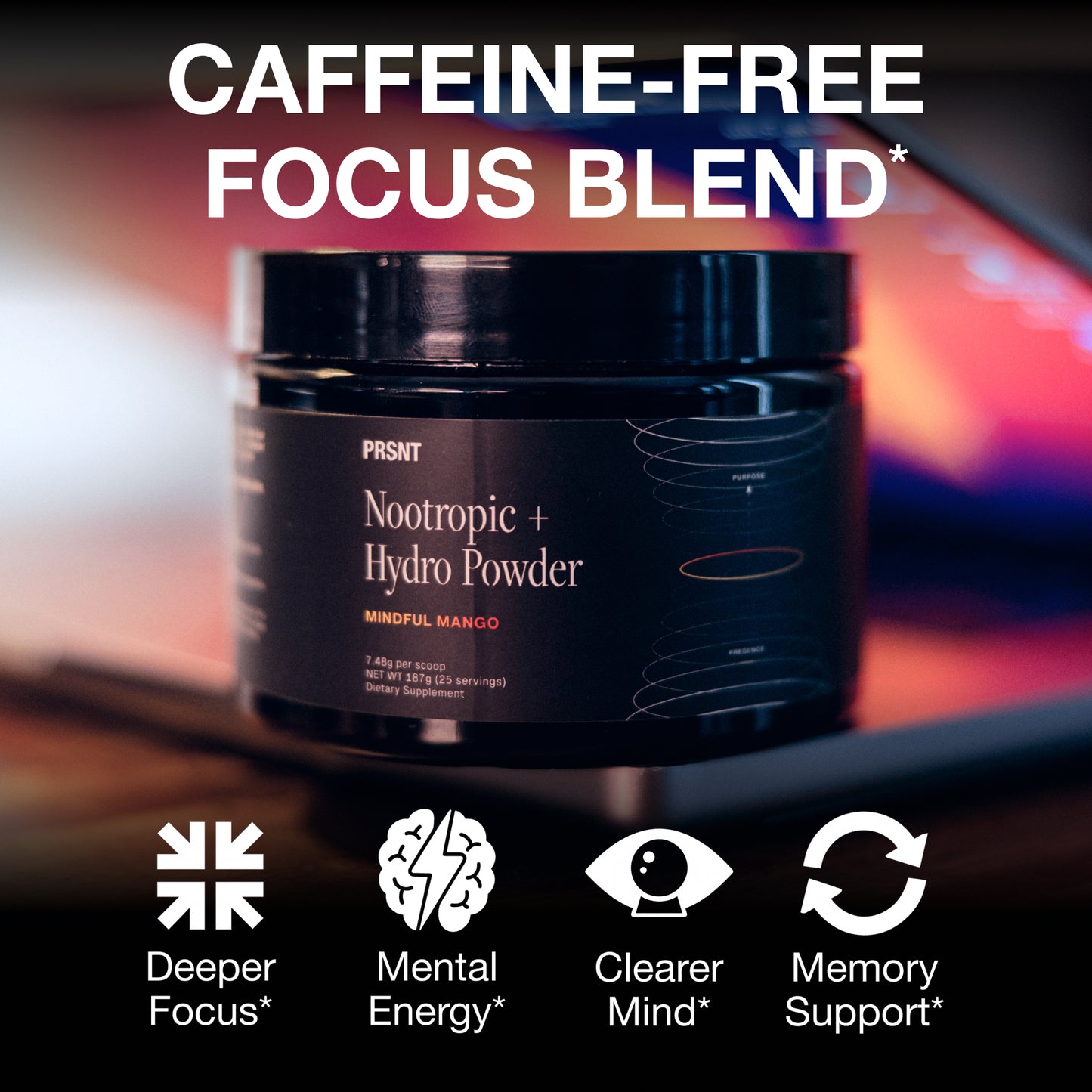PRSNT™ Nootropic Focus Powder | Mango 25 Servings | Caffeine-Free, Sugar-Free | Supports Focus, Energy, Mental Clarity