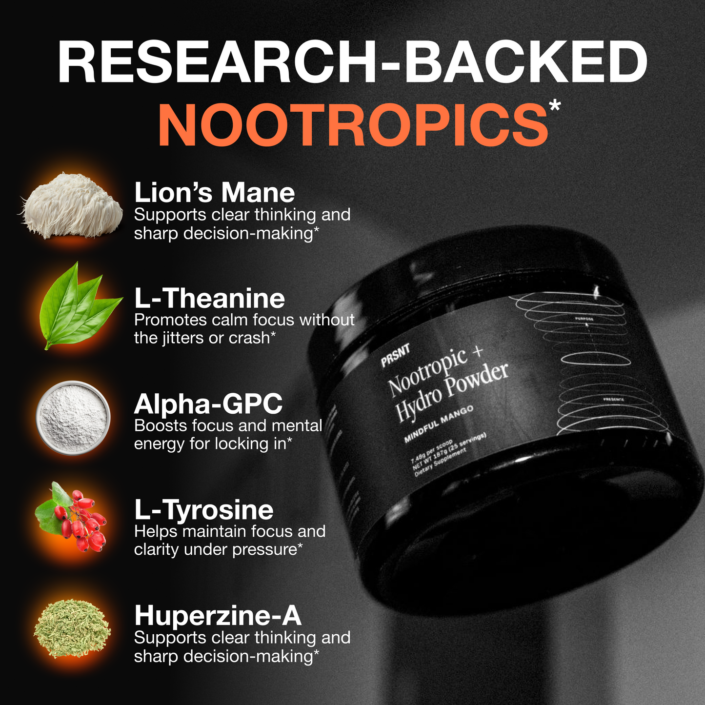 PRSNT™ Nootropic Focus Powder | Mango 25 Servings | Caffeine-Free, Sugar-Free | Supports Focus, Energy, Mental Clarity